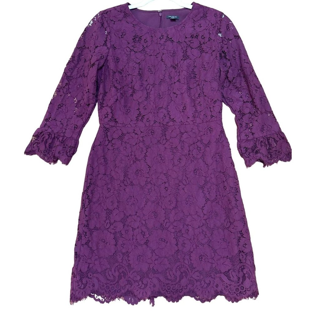 Ann Taylor Women's Purple Lace 3/4 Length Sleeve Dress Size 6 Petite Frayed Hem
